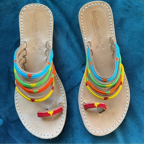 LAIDBACK LONDON Kamba SSO Leather Sandal Tribal BEADED TOE SANDAL SIZE 8.5 - Picture 2 of 8
